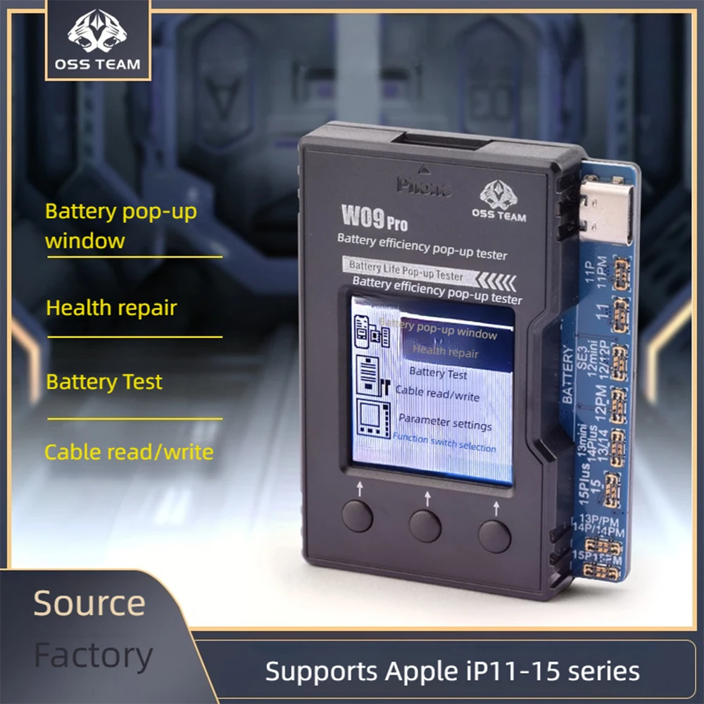 Oss team w09 pro testador pop-up de vida útil da bateria para apple série iP11-15 teste de bateria reparo de cabo de restauração de saúde