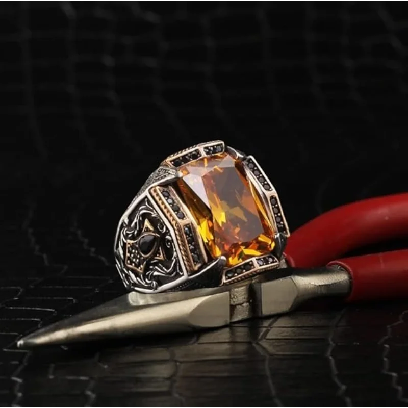 New Men's Turkish Handmade Jewelry Citrine Punk Party Ring - Image 2