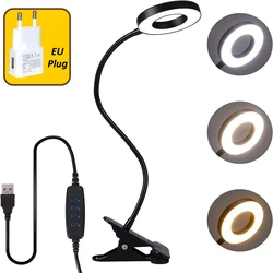 USB Book Light Clip Desk Lamp with Adjustable Brightness and Flexible Gooseneck (With EU Plug)