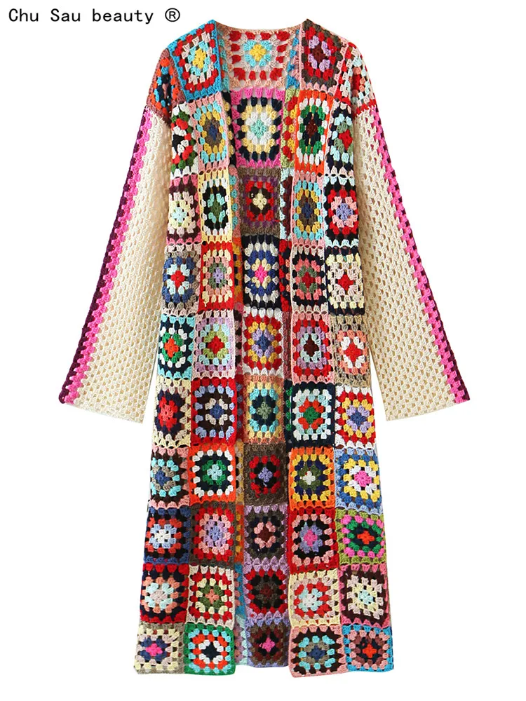 

Y2k Autumn Winter New Hand-Woven Stitching Knitted Cardigan Coat Woman 2022 Boho Vintage Hollow Long Sweater Windbreaker Female