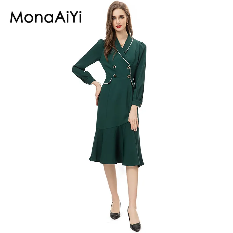 

MonaAiYi TOP QUALITY Elegant Dress Spring/Summer New Fashion Design Women Runway Neckline Beaded Midi Office Lady 2023 Newest