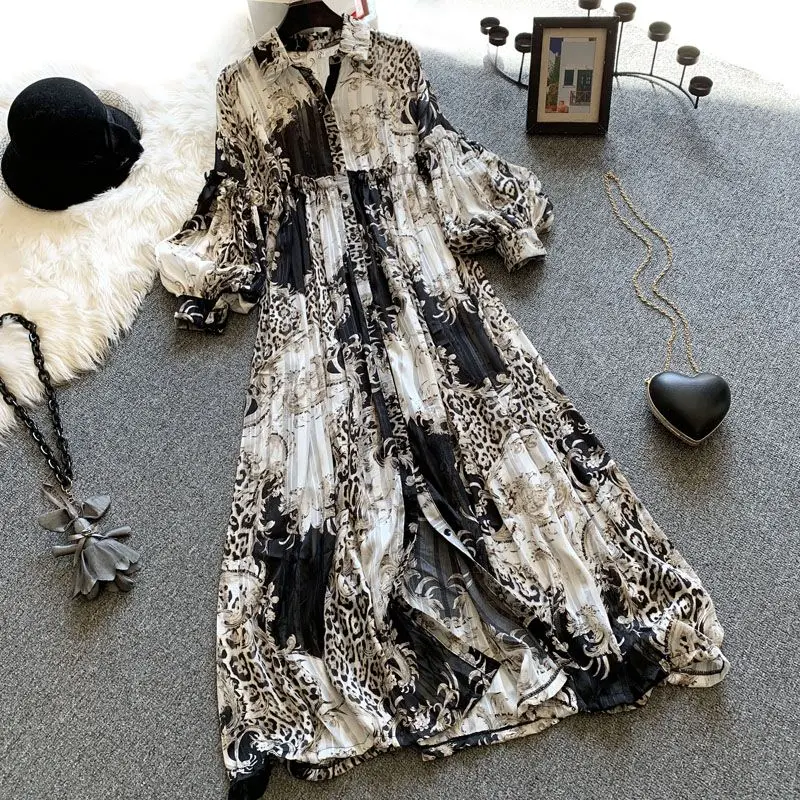 

2024 Summer Loose Lantern Sleeved Women's Dress, Long Dress, Chiffon Dress