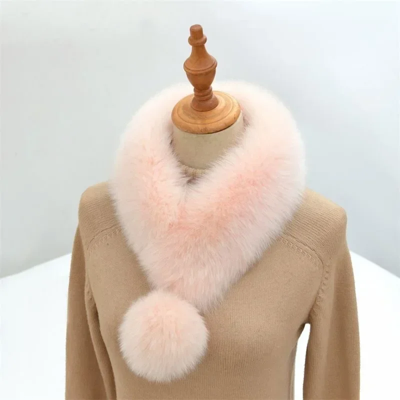 New Women Fur Winter Scarf Short Thick Plush Fluffy Cute Scarf with Big Pompom Winter Fur Collar Solid Color Neckerchief 4