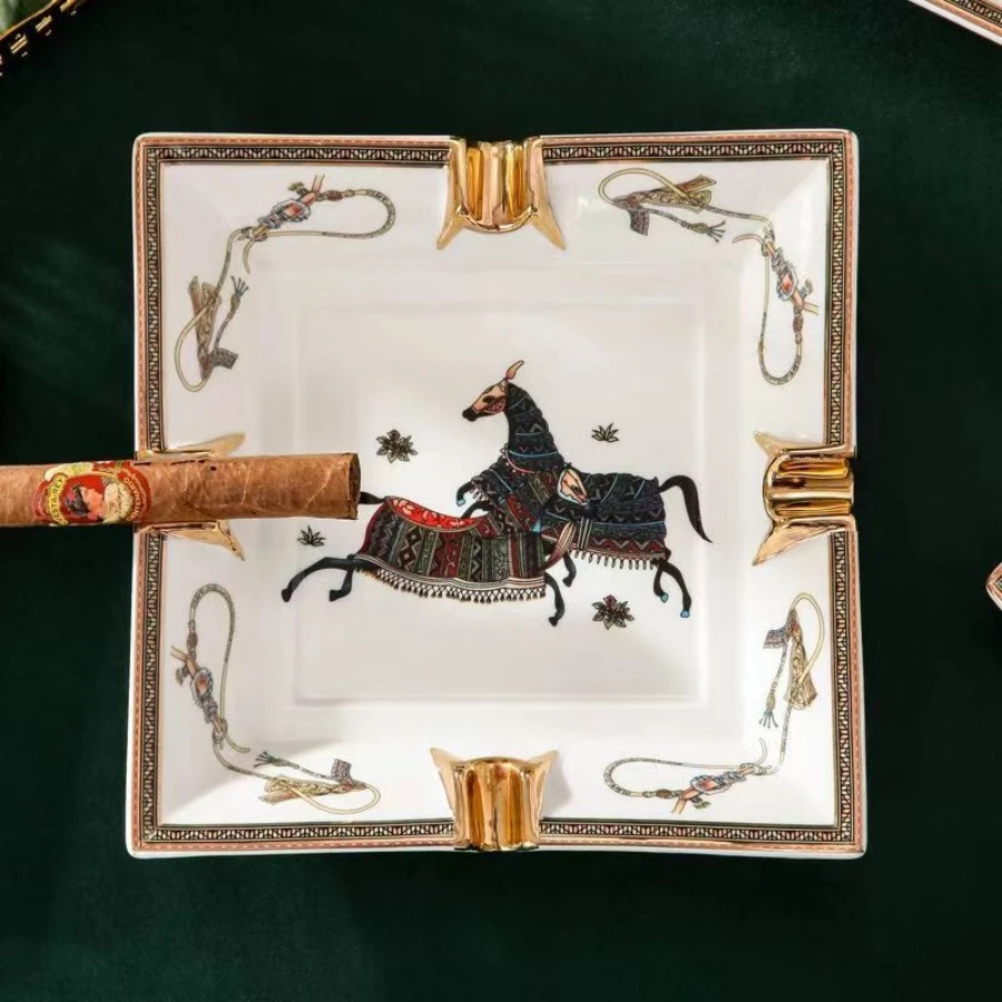 Luxury Ceramic Cigar Ashtray With Gift Box Package Warhorse Pattern Ash Holder Cigarette Holders 2/4 Grooves Available ceramic ashtray