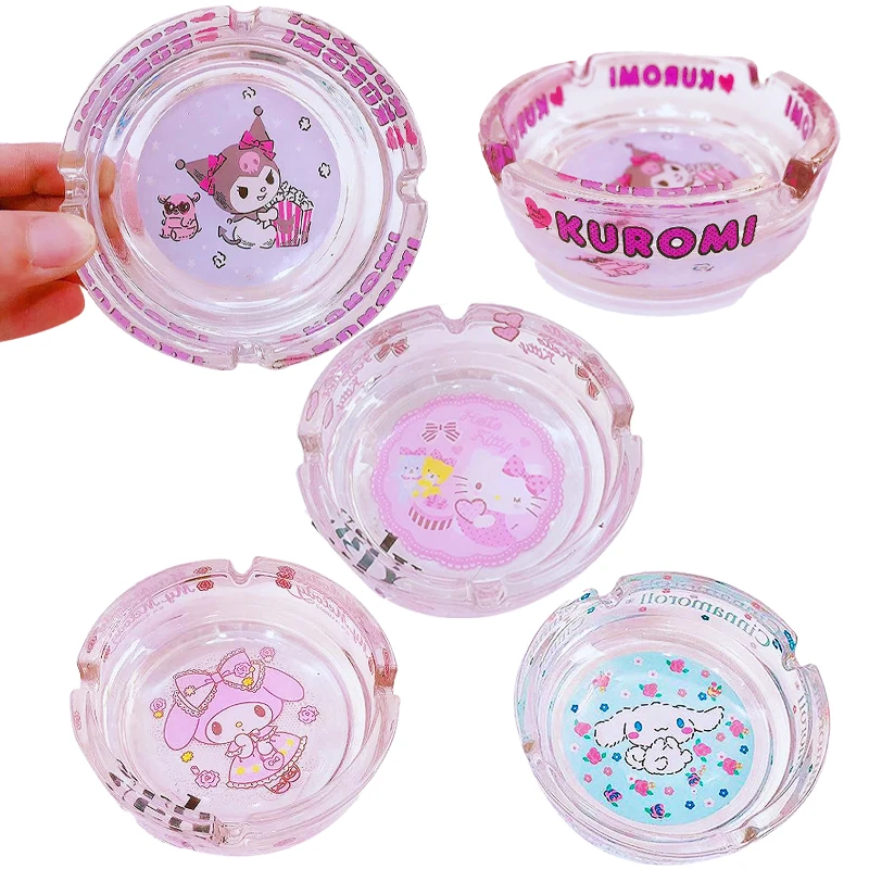 

Glass Ashtray Kawaii Hello Kitty Melody Kuromi Cinnamorol Cigarette Ash Holder Smoking Accessories Hotel Home Table Decoration