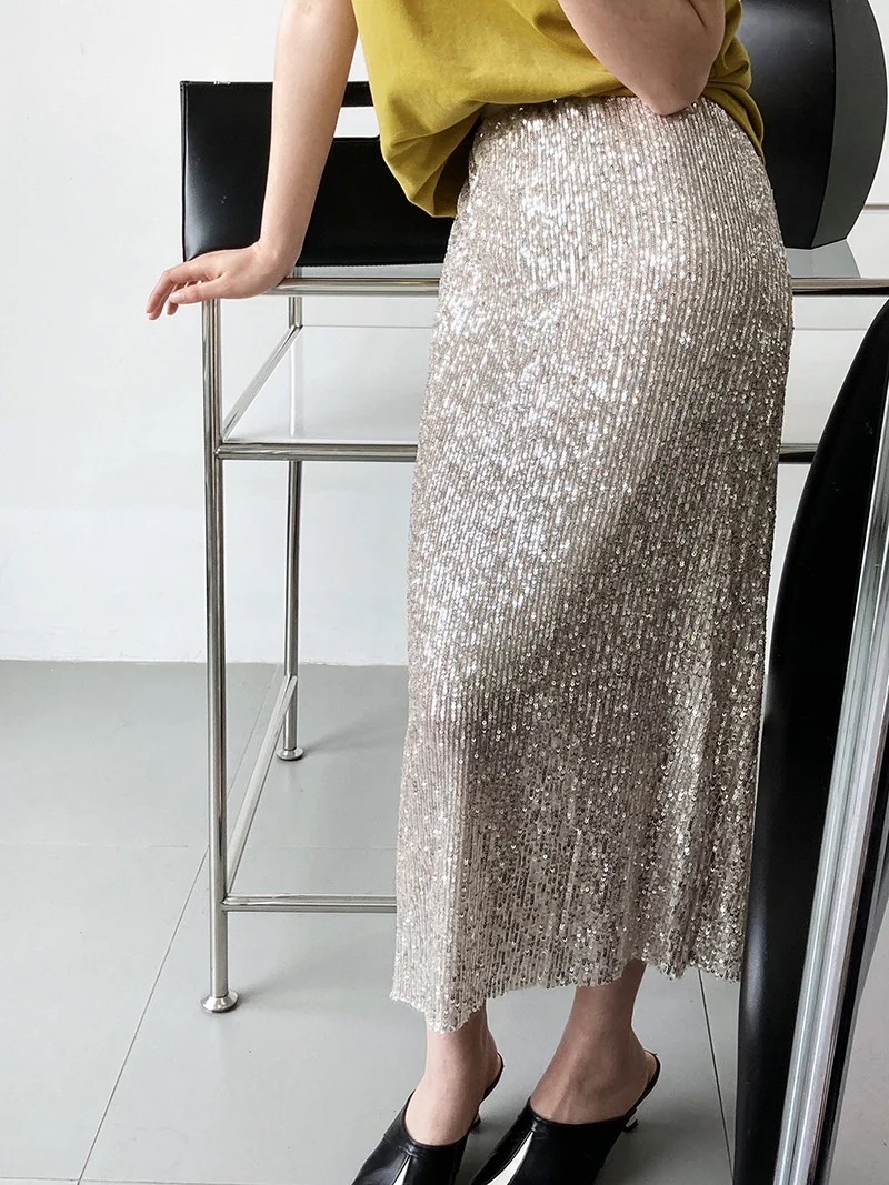 2022 Spring Summer Mesh Sequins Beading Women Skirts High Waist Elegant Solid Mermaid Long Skirts Sexy club Party Bodycon Skirts brown skirt