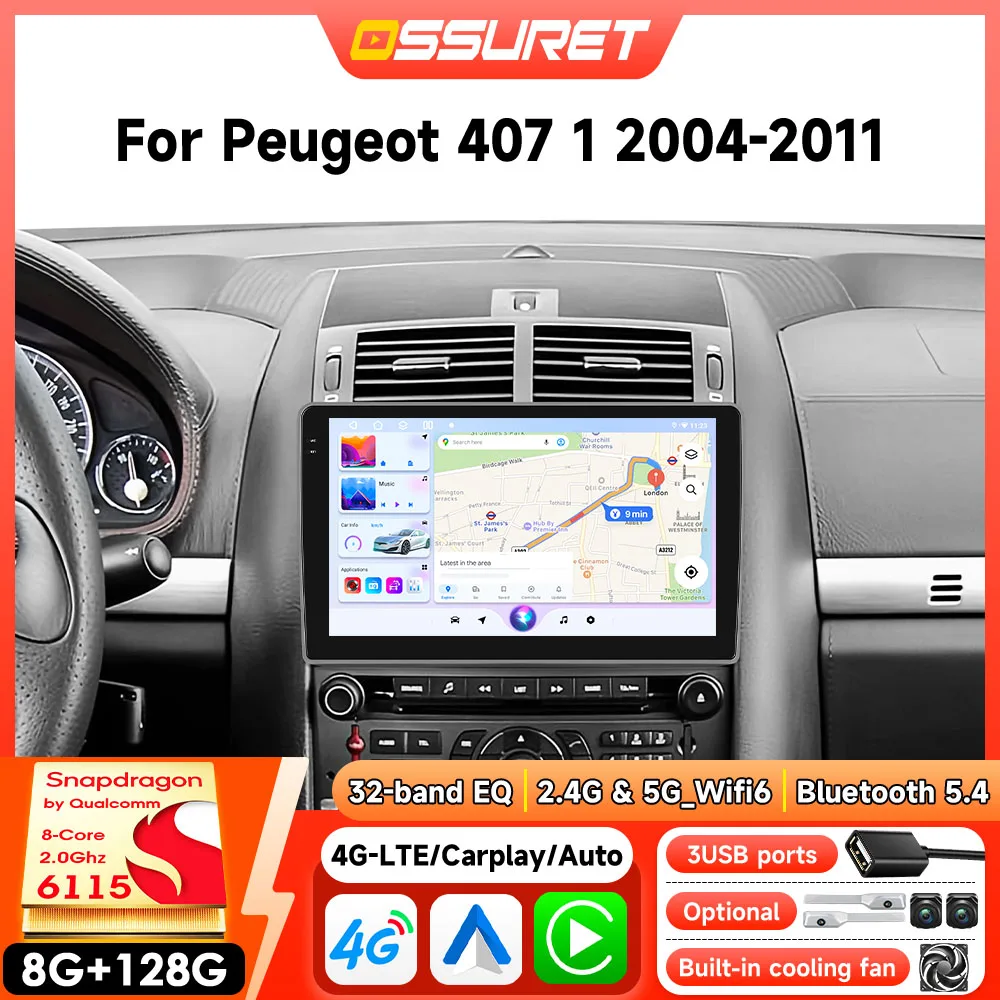 6115 Android Autoradio für Peugeot 407 407CC 2004 - 2011 Autoradio Kabelloses Carplay Android Auto 8-Kern Intelligenter Bildschirm-Player