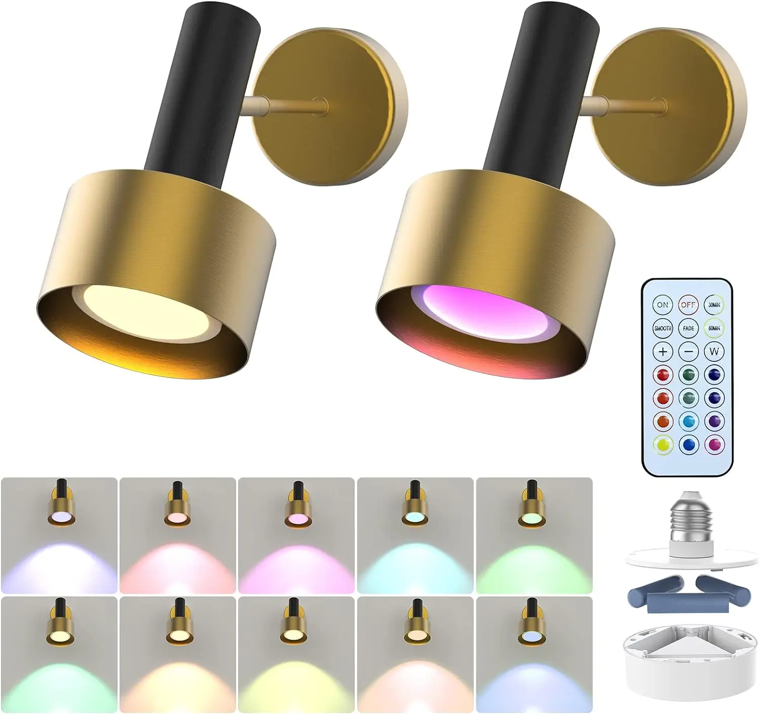 

Operated Sconce Set of 2, Wireless Sconces Lighting Indoor,13 RGB Colors Dimmable Lamp with Remote Control, Memory Function,