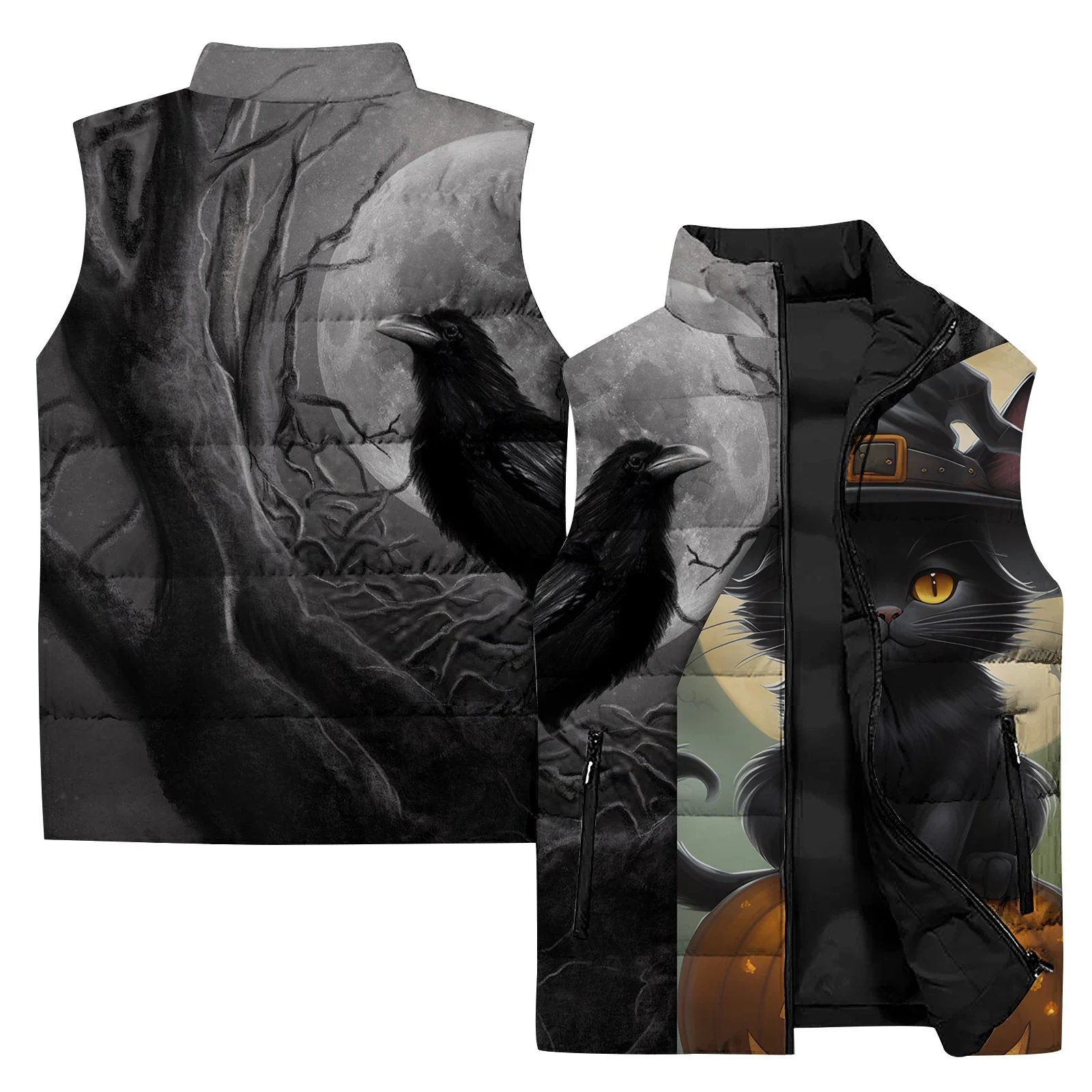 thumbnail image 1 of Chaleco frío con estampado de cuervos y gatos para hombre, tendencia de personalidad, chalecos para hombre cómodos y versátiles, chaquetas de invierno para hombre, ropa genial, 1 of 4