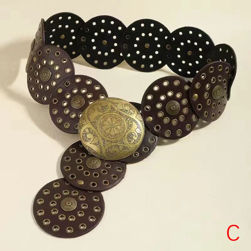 Wide Boho Disc Belt Women Vintage PU Leather Hollow Western