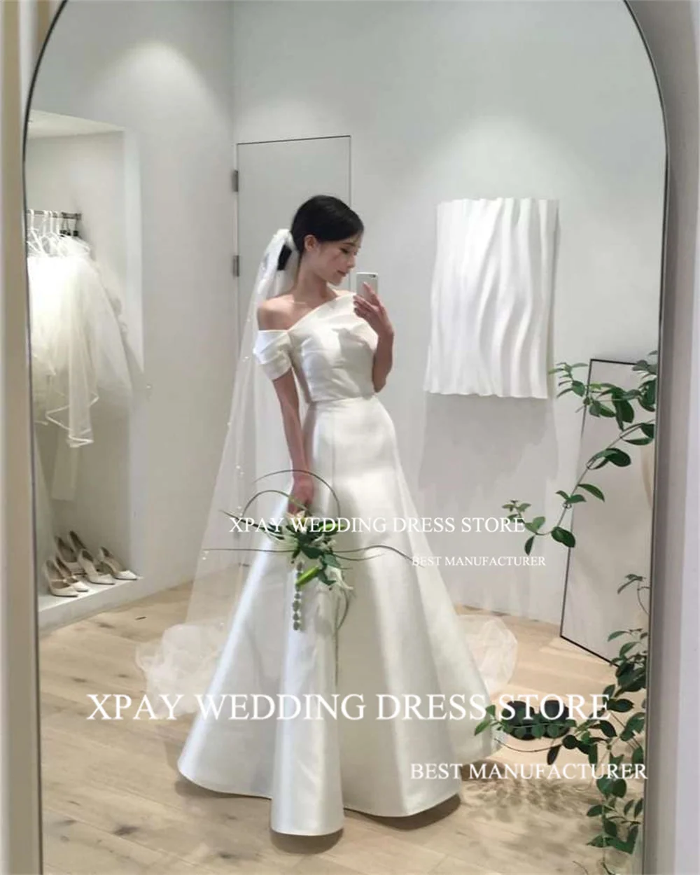 XPAY One Shoulder Korea Wedding Dresses Short Sleeve Simple Satin A Line Bride Gown Belt Corset Backless Bridal Party Gown 2