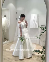 XPAY One Shoulder Korea Wedding Dresses Short Sleeve Simple Satin A Line Bride Gown Belt Corset Backless Bridal Party Gown 2