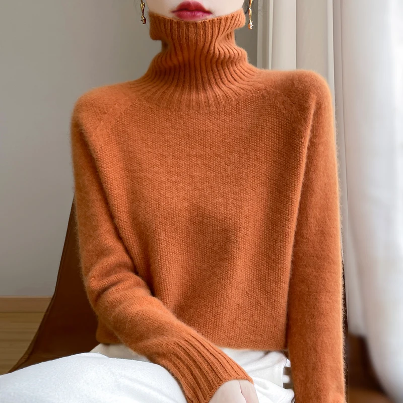 New seamless integration in autumn and winter 100% merino wool sweater women's high lapel loose slim warm knit bottoming sweater 2