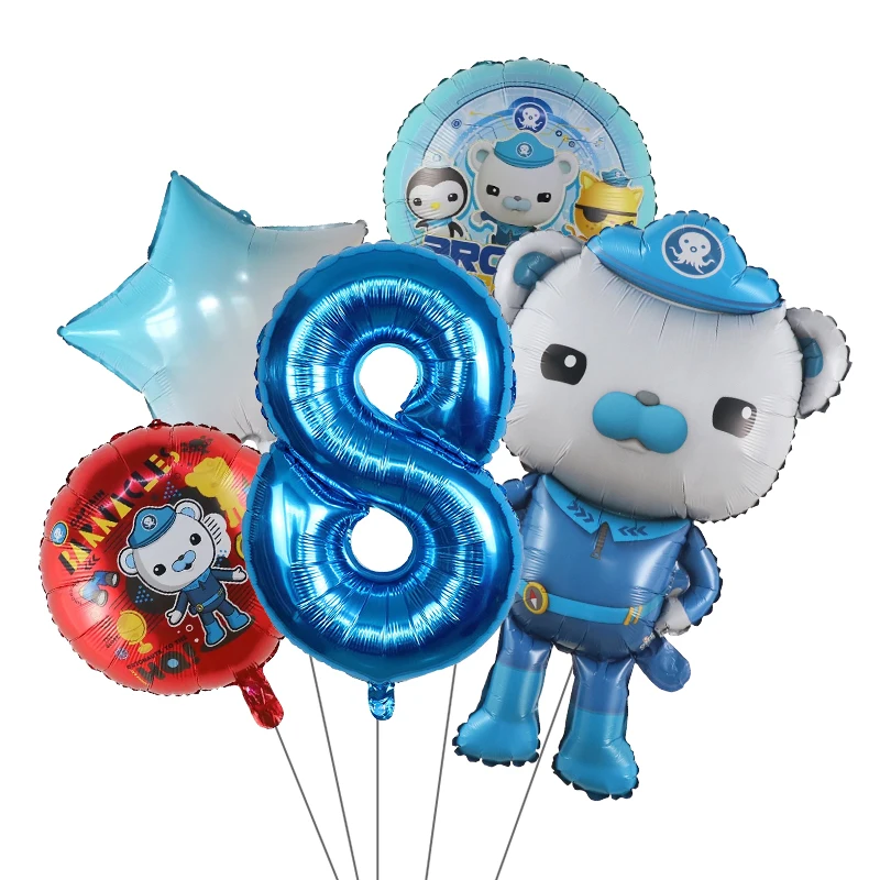 5 piezas de globos de aluminio con temática de Octonauts para decoraciones de fiesta de cumpleaños de niños y niñas, globos con números de 30 pulgadas, suministros de decoración para baby shower