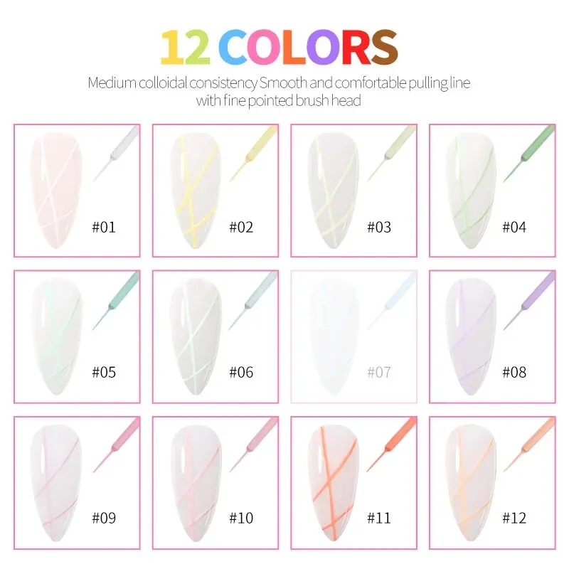 Painted Nail Polish Set, 12 Color Line Art Painted Gel Nail Polish Set Glitter For Nails Painting Drawing Soak Off UV LED Curing 4