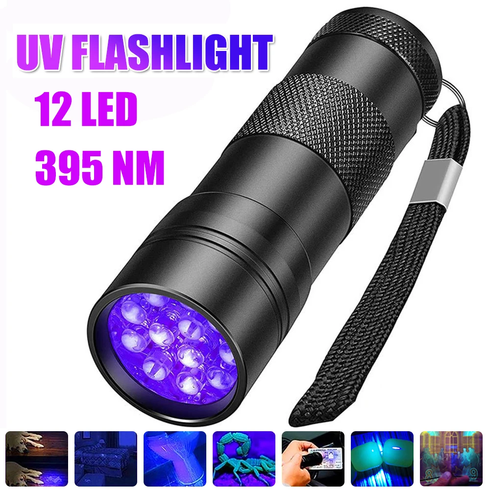 

Mini 12 LED UV Flashlight 395NM Handheld Torch Ultraviolet Blacklight Lamp Urine Stain Detector Scorpion for Dog Cat Pet