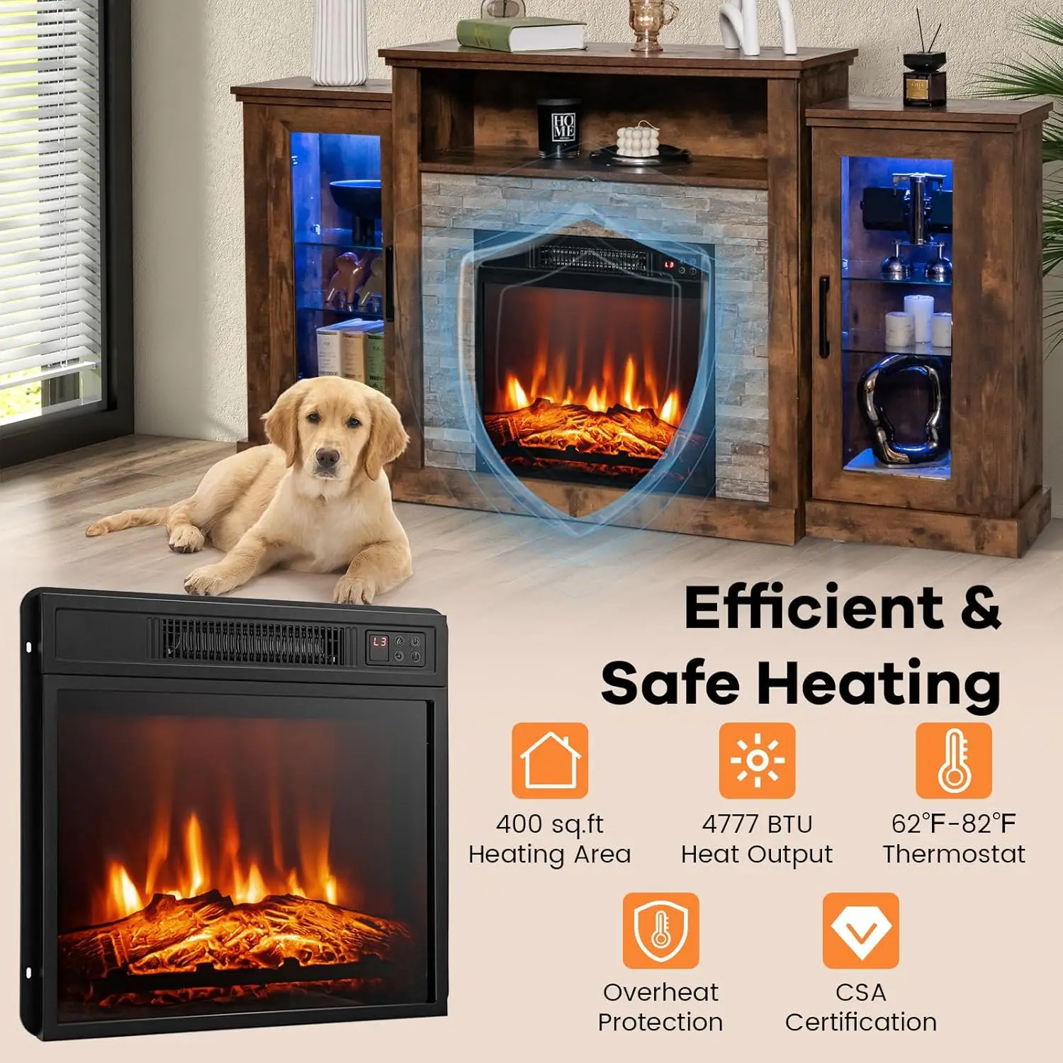 Electric Fireplace TV Stand-Entertainment Center w/18&rsquo;&rsquo; Fireplace Heater, LED Lights, APP & Remote Control,