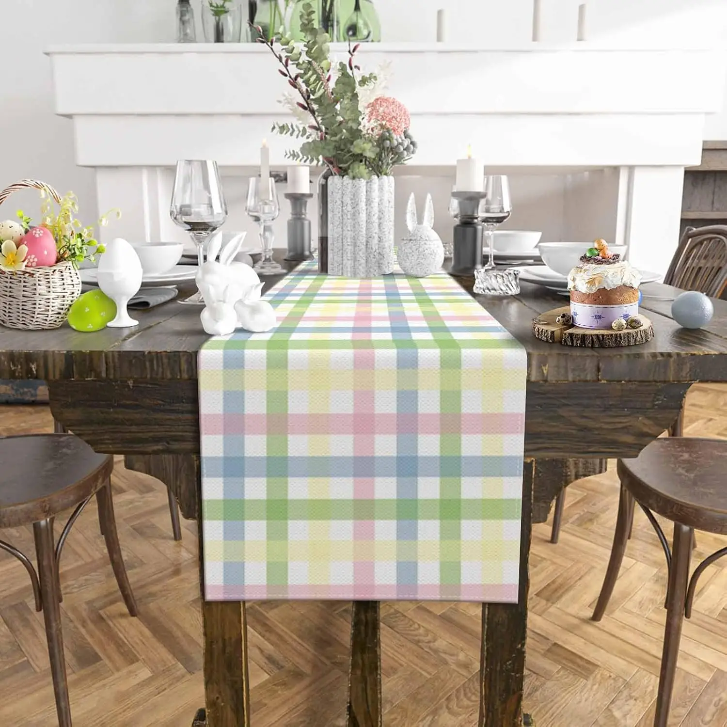 Easter Colorful Stripes Plaid Checkered Linen Table Runner Dresser Scarf Reusable Kitchen Dining Table Runner Easter Decorations 2