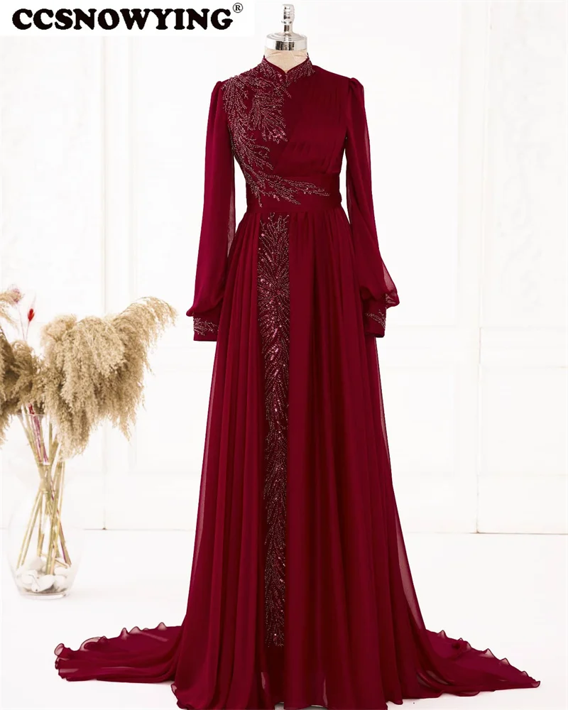 

Burgundy Long Sleeve High Neck Appliques Chiffon Muslim Evening Dresses Formal Party Hijab Women Arabic Kaftan Robe