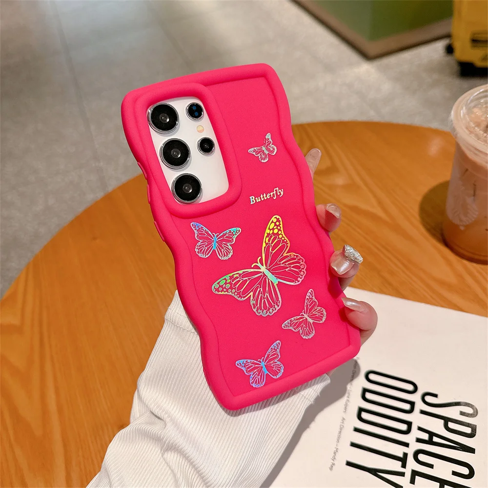 Glitter Laser Sommerfugl Bølget Silikon Telefondeksel til Samsung S24 S23 FE S22 Ultra S21 A55 A54 A53 A52 A35 A34 A15 A14 A12 Deksel_voghion.com
