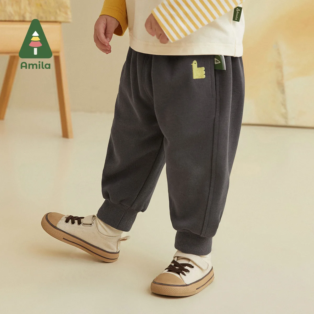 Amila Baby Pants 2023 Spring New Solid Color Cotton Boys and Girls Trousers Cute Cartoon Casual Children Clothes Fashion