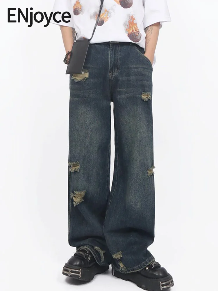 

Женские джинсы с широкими штанинами ENjoyce, винтажные прямые джинсы состаренного кроя с высокой талией, уличная одежда Y2K для весны, 2024
