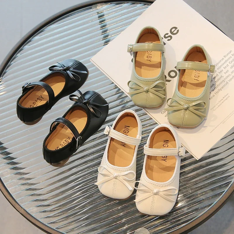 Spring Autumn Girls Princess Shoes Butterfly Mary Janes White Black Leather Shoes For Kids Flats Child Single Shoe Baby Toddlers