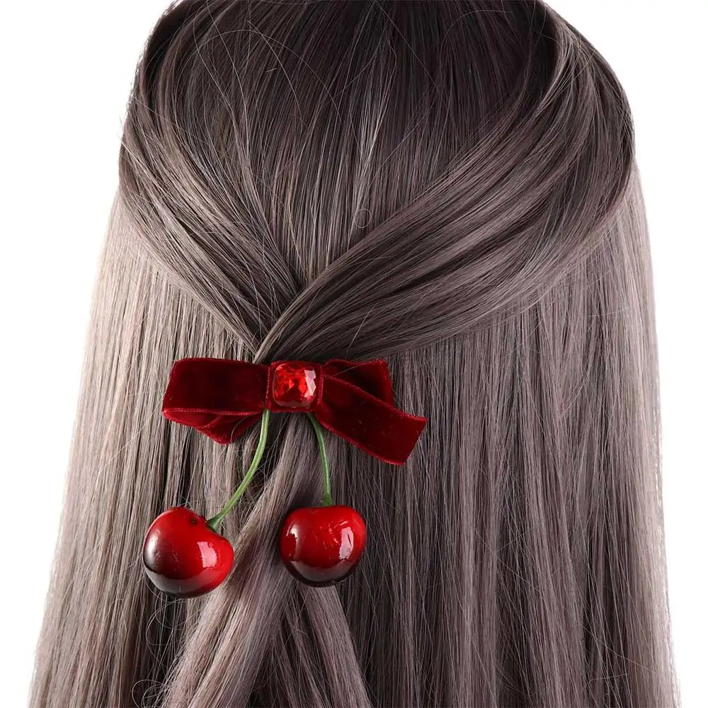 Bowknot Cherry Hairpin Simple Side Clip Red Velvet Velvet Bow Hair Clip Cloth Korean Style Headwear Female Hair Accessories