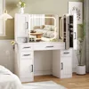 Makeup Vanity with Lighted Mirror & Power Strip, Large Vanitys Desk, 4 Drawers, 3 Cabinets & Hairdryer Rack, Makeup Vanity 1