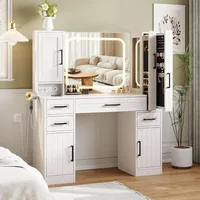 Makeup Vanity with Lighted Mirror & Power Strip, Large Vanitys Desk, 4 Drawers, 3 Cabinets & Hairdryer Rack, Makeup Vanity 1