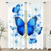 2Pc Contemporary Polyester Window Curtain With Blue Butterflies Floral Print Machine Washable For Bedroom Living Room Dining 1