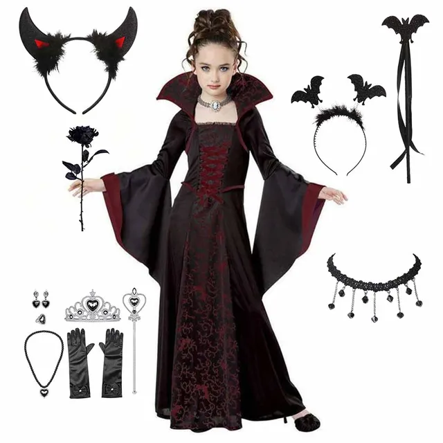 Halloween Costume for Kids Halloween Fantasy Vampire Costume Girls Long Tutu Dress Kids Carnival Outfit Gothic Feather Clothes 1