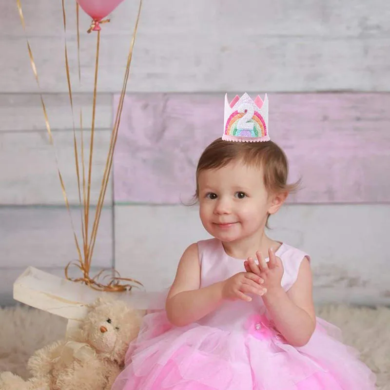 Baby Crown Hat,Birthday Crown,Party Hat Felt Rainbow Theme Birthday Party Crown 1st 2nd 3rd Happy Birthday Party Decor Kids Baby Shower Number Hat Unicorn