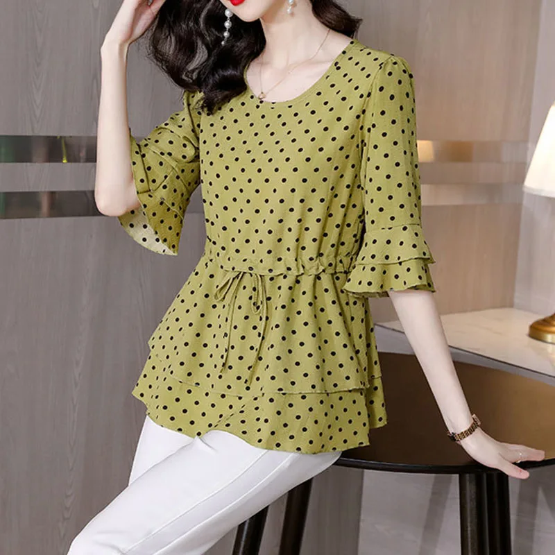 

2023 Summer Lady New Round Neck Wave Point Ruffle Edge Tops Women Loose Fashion Comfortable Refreshing Chiffon Shirt T-shirt