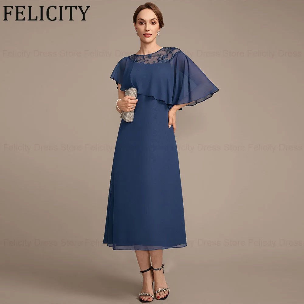 

FELICITY Chiffon Elegant Mother of the Bride Dress 2024 A-line Scoop Tea-Length Wedding Guest Party Dresses Appliques Sequins