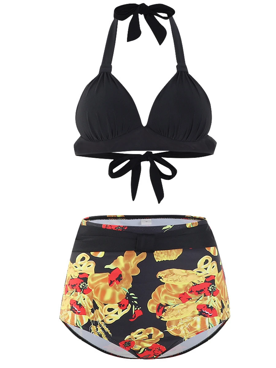 Halter Bikini Set 2023 Women High Waist Swimwear Female Solid Swimsuit Printed Beachwear Tie Back Bathers Underwire Bathing Suit