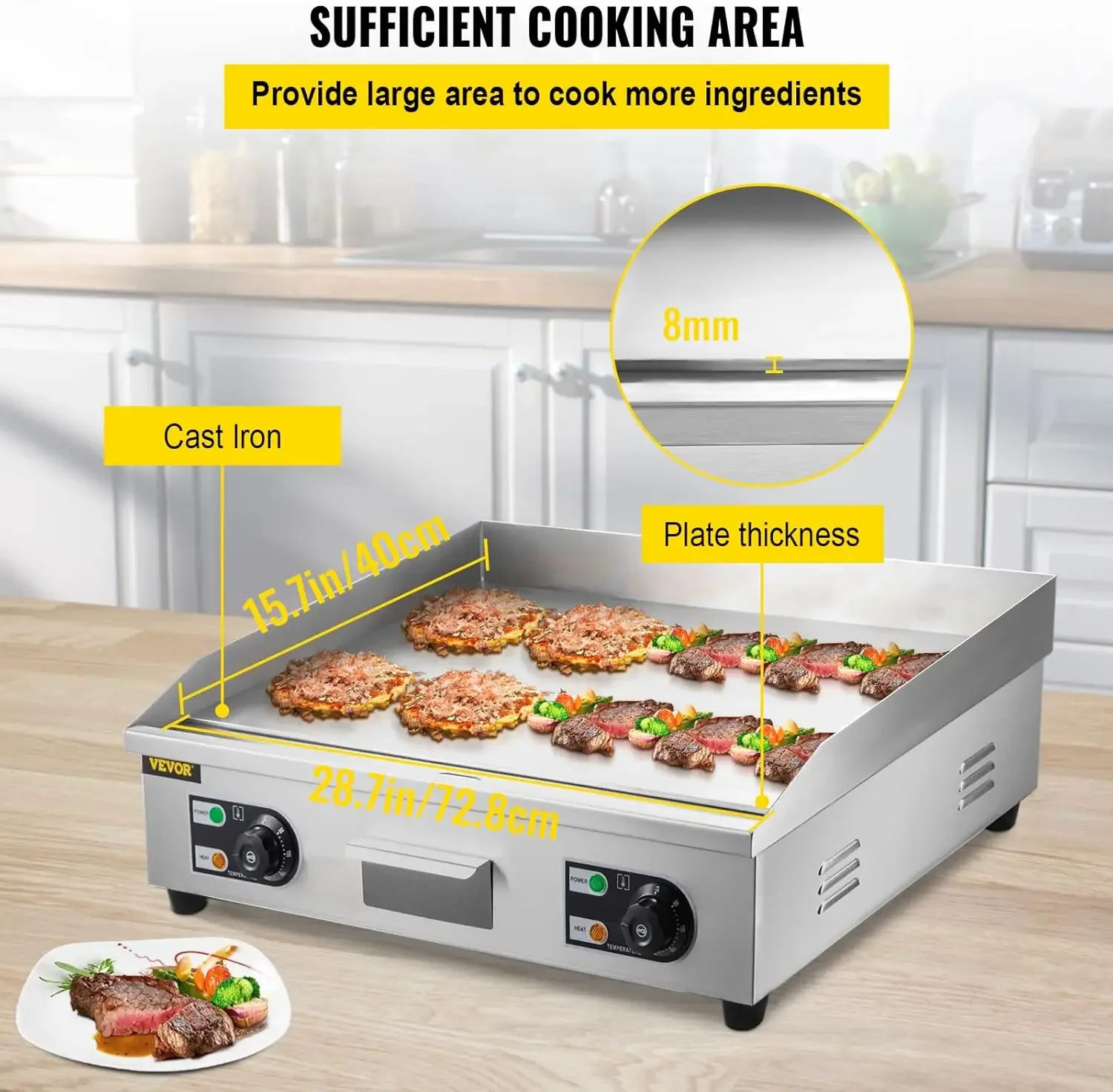 Electric Griddle 3000W Electric Countertop Griddle Non-Stick Restaurant 110V Teppanyaki Flat Top Grill Stainless Steel Adjustabl 4