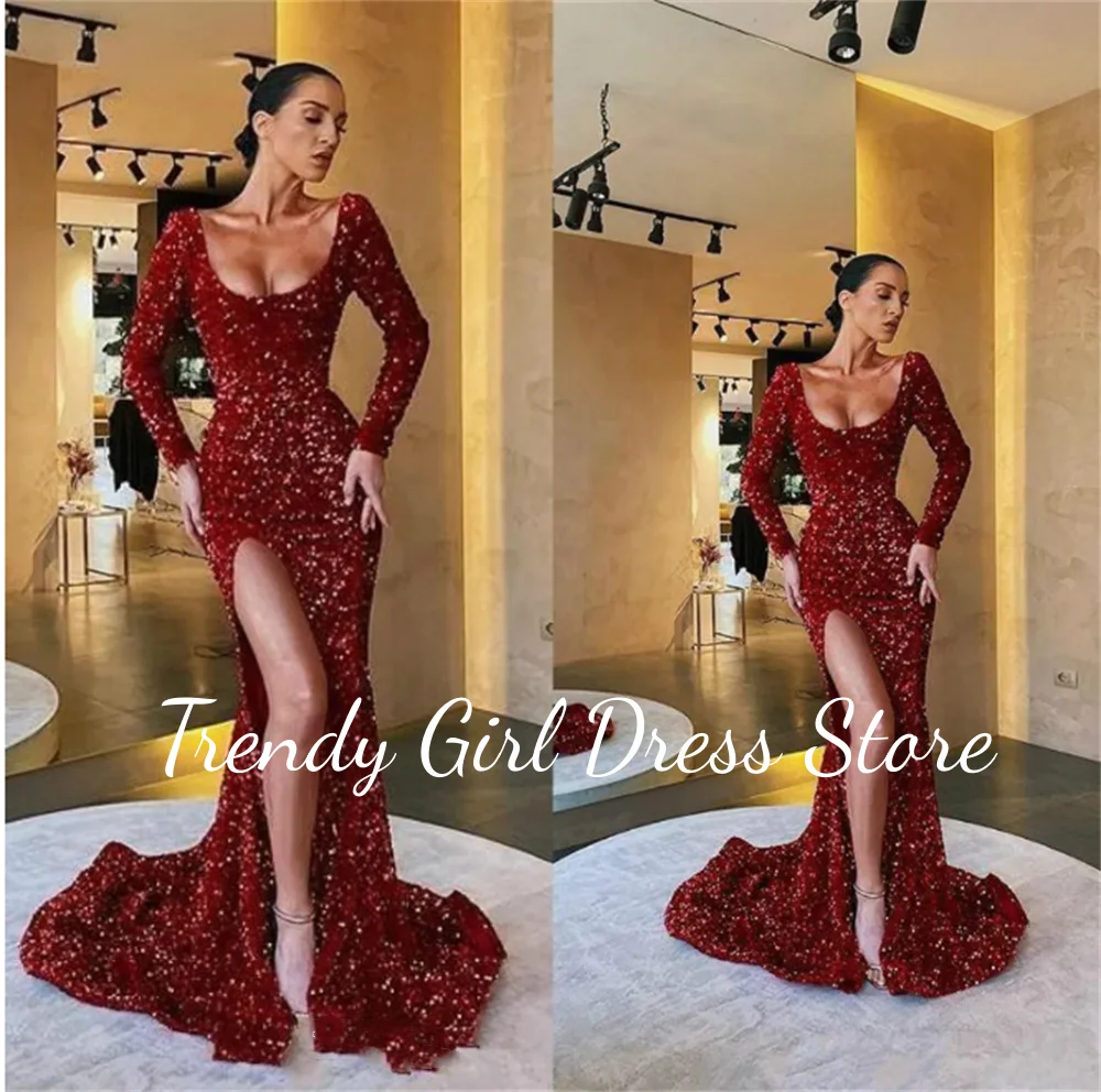 

New Sequined Red Prom Dresses Scoop Neck Long Sleeve Evening Gowns Party Dress Special Occasion Dresses فساتين للحفلات الراقصة