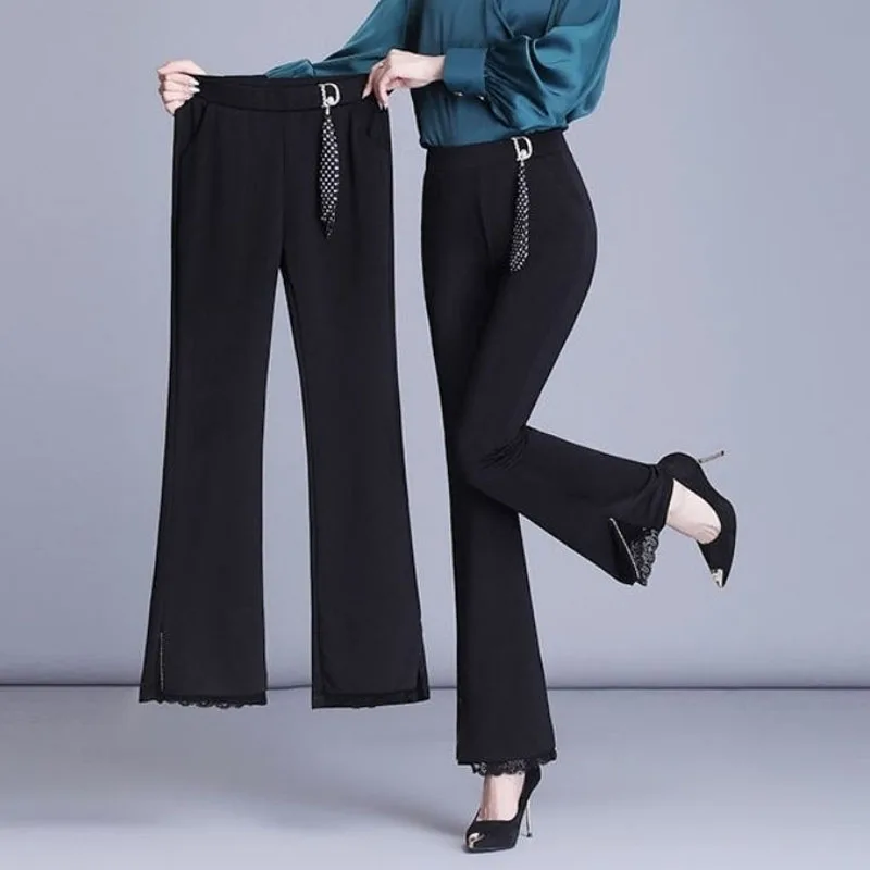 Office Lady Elastic High Waist Solid Color Flare Pants Women's Clothing Fashion All-match Lace Spliced Slim Trousers for Female