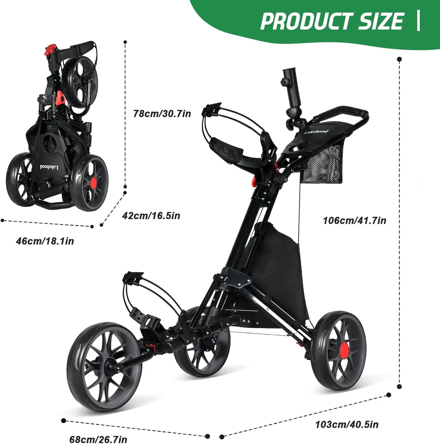 Golf Push Cart, 3 Wheel Push Cart Foldable and Lightweight Pull Cart, Cart Easy to Open/Fold,