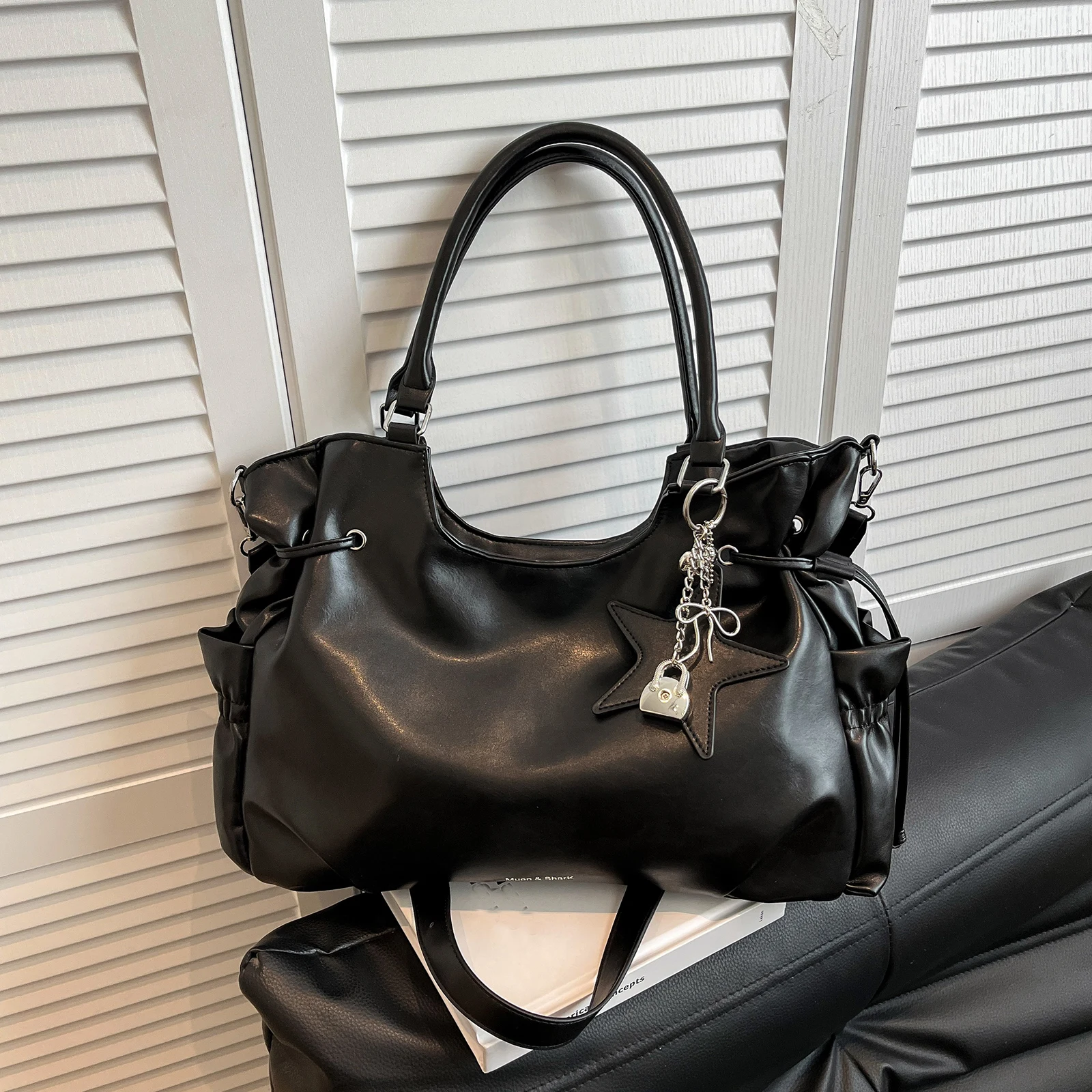 PU Hobo Shopper Bag Large Capacity Tote Handbag Solid Color Travel Tote Bag Roomy for Women Ladies Travel Commuting