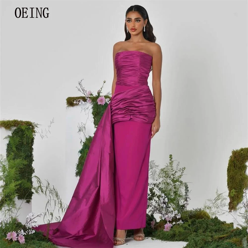 

OEING 2023 Pink Strapless Evening Prom Gown Pleated Long Train Women Dresses For Party And Wedding Vestidos Ankle Length