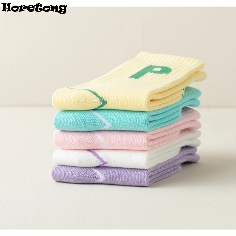 Horetong 5 Pairs/Lot Children's Fashion Letters For Girls Kids Autumn Comfortable Sports Casual School Cotton Middle Tube Socks 6