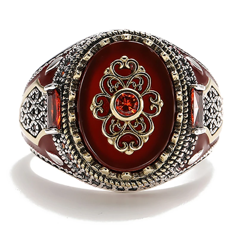 Retro Handmade Islamic Men Ring Vintage Turkish Double Swords Black Red CZ Stone Ring finger rings jewelry rings ring jewelry turkish rings