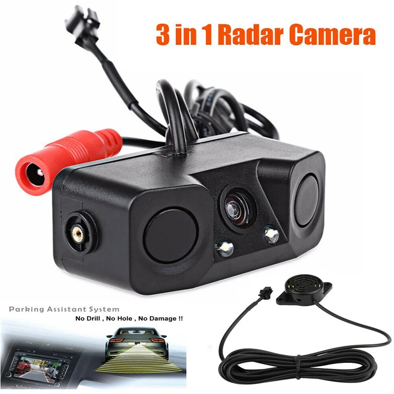 Universal Accessory 3in1 170° Car Visual Reversing Rear View Camera with Backup Radar Parking Sensor