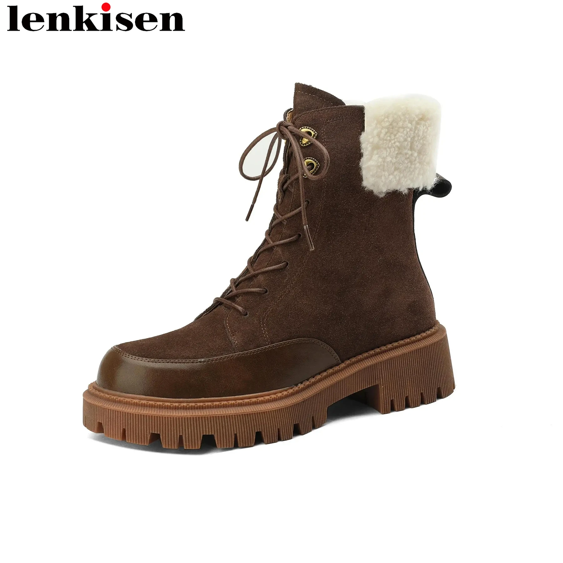 

Lenkisen 2024 Cow Suede Round Toe Wool Med Heels Cold Resistance Snow Boots Solid Elegant Fur Cross-tied Zipper Sexy Ankle Boots