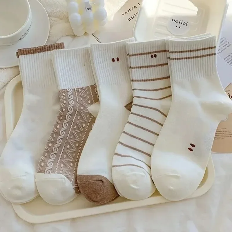 Sports Socks 5 Pairs Cute Smiling Print Comfy Soft Crew Women's Stockings