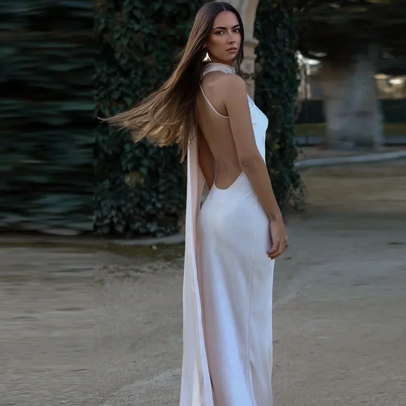 Women Satin Ribbon Halter Party Evening Dress Women Elegant Backless Off Shoulder Sleeveless Long Dresses Fashion Lady Robes