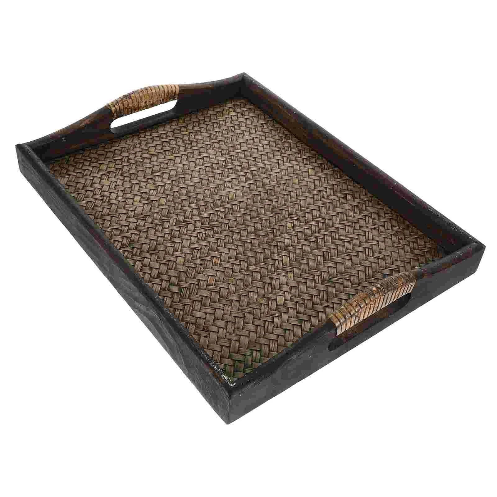 Wooden Rattan Tray Rectangular Tea Tray Fruit Serving Wood Snack Household Nuts Party Platter Coffee