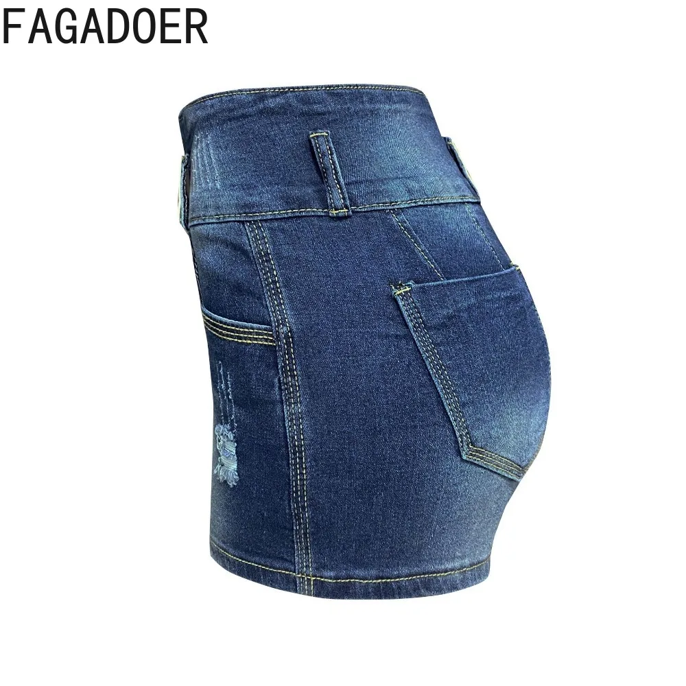 FAGADOER Dark Blue Summer New Elasticity Skinny Denim Shorts Women High Waisted Button Pocket Slim Jean Female Cowboy Bottoms